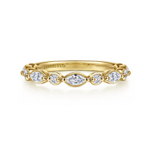 Gabriel & Co. AN16459VY44JJ 14 karat yellow gold Victorian anniversary band, front view of a long marquise at the middle between two small round stones