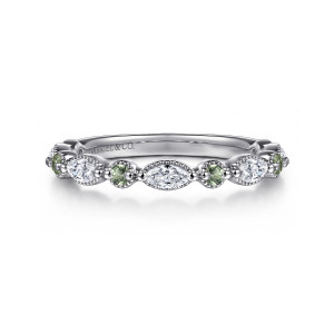 Gabriel & Co. AN16459W43GS 14 karat white gold Victorian anniversary band, front view of marquise diamonds alternating with small green stones in milgrain frames