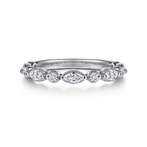 Gabriel & Co. AN16459W44JJ 14 karat white gold Victorian anniversary band, front view of a marquise diamond at the middle with round diamonds either side in beaded frames