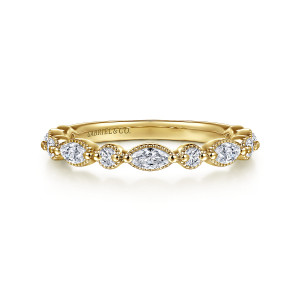 Gabriel & Co. AN16459Y44JJ 14 karat yellow gold Victorian anniversary band, front view of pointed oval and round diamonds alternating, each in its own beaded frame
