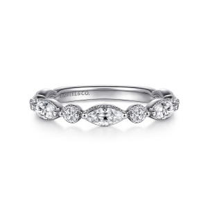 Gabriel & Co. AN16460W44JJ 14 karat white gold Victorian anniversary band, front view of alternating marquise and round diamonds with beaded milgrain edges