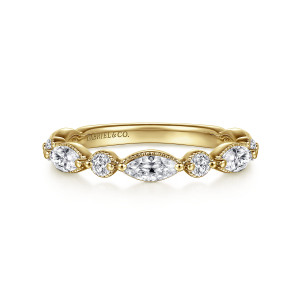 Gabriel & Co. AN16460Y44JJ 14 karat yellow gold Victorian anniversary band, front view of marquise and round stones alternating, each in a milgrain collar