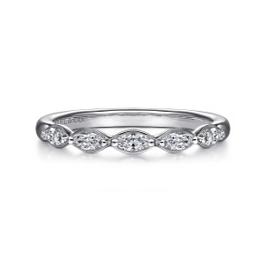 Gabriel & Co. AN16461W43JJ 14 karat white gold Contemporary anniversary band, front view of pointed oval stones in thin metal outlines with small beads between each pair