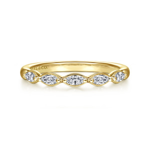 Gabriel & Co. AN16461Y43JJ 14 karat yellow gold Contemporary anniversary band, front view of marquise stones in pointed frames meeting tip to tip with small beads