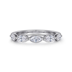 Gabriel & Co. AN16462W43JJ 14 karat white gold Contemporary anniversary band, front view of marquise stones end to end with a small bead between each pair
