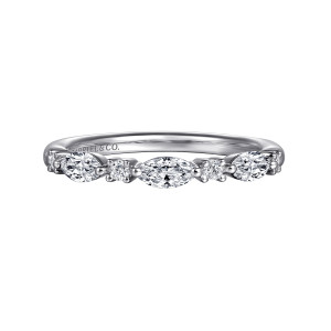 Gabriel & Co. AN16474W44JJ 14 karat white gold Classic anniversary band, front view of lengthwise marquise stones alternating with small round stones
