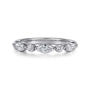 Gabriel & Co. AN16524W44JJ 14 karat white gold Victorian anniversary band, front view of alternating marquise and round stones with milgrain edges across a smooth band