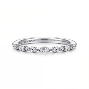 Gabriel & Co. AN16535W43JJ 14 karat white gold Contemporary anniversary band, front view of marquise stones laid lengthwise with short gaps of metal between them