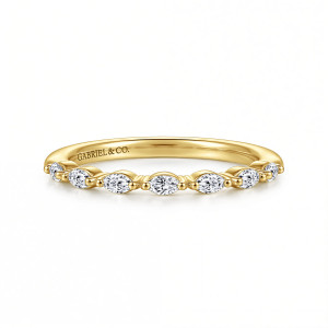 Gabriel & Co. AN16535Y43JJ 14 karat yellow gold Contemporary anniversary band, front view of pointed marquise diamonds with ball tipped prongs between each stone