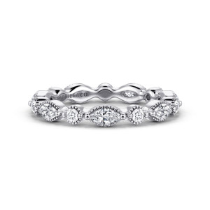Gabriel & Co. AN16563-4W44JJ 14 karat white gold Victorian eternity band, front view of pointed oval and round stones in beaded rims, with the wavy inside showing behind