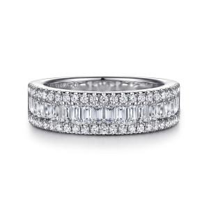 Gabriel & Co. AN16644W44JJ 14 karat white gold Art Deco anniversary band, front view of crosswise baguette diamonds framed by a line of tiny round diamonds on each edge
