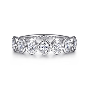 Gabriel & Co. AN16645W44JJ 14 karat white gold Contemporary anniversary band, front view of elongated diamonds in smooth rims, linked by tiny round beads of metal