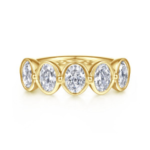 Gabriel & Co. AN16646Y44JJ 14 karat yellow gold Contemporary anniversary band, front view of five elongated stones in smooth rims with a bead between each pair