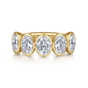 Gabriel & Co. AN16647Y44JJ 14 karat yellow gold Contemporary anniversary band, front view of large elongated diamonds in separate bezels joined by small beads