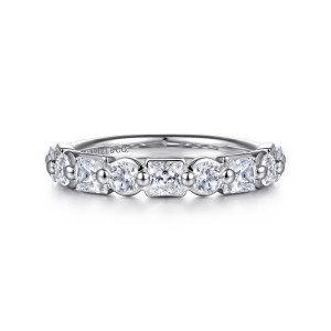 Gabriel & Co. AN16648W44JJ 14 karat white gold Contemporary anniversary band, front view of square and round stones separated by small polished beads