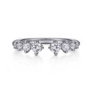 Gabriel & Co. AN16649W44JJ 14 karat white gold Starlight anniversary band, front view of the open gap framed by round diamonds in separate four prong heads