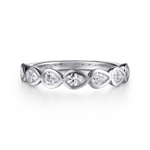 Gabriel & Co. AN16651W44JJ 14 karat white gold Contemporary anniversary band, front view of pear shaped diamonds lying on their sides, each in its own smooth bezel