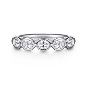 Gabriel & Co. AN16653W44JJ 14 karat white gold Contemporary anniversary band, front view of sideways elongated diamonds in smooth rims joined by small metal beads