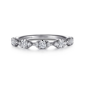 Gabriel & Co. AN16654W44JJ 14 karat white gold Contemporary anniversary band, front view of pointed oval stations, each holding a round diamond with tiny ones at its points