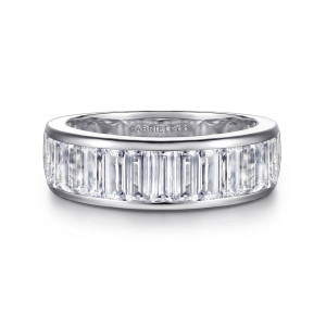 Gabriel & Co. AN16660W43JJ 14 karat white gold Art Deco anniversary band, front view of baguette stones side by side between smooth polished metal walls