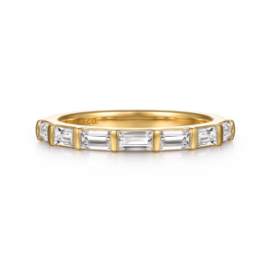 Gabriel & Co. AN16661Y43JJ 14 karat yellow gold Art Deco anniversary band, front view of baguette diamonds laid end to end with a maker's mark inside