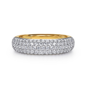 Gabriel & Co. AN16662M44JJ 14 karat white and yellow gold Contemporary anniversary band, front view of a domed crown of small round stones above a warmer toned inner wall
