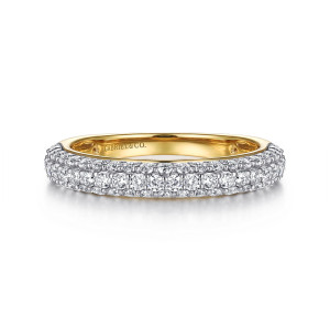 Gabriel & Co. AN16663M44JJ 14 karat white and yellow gold Contemporary anniversary band, front view of a larger center row of round diamonds between two smaller edge rows