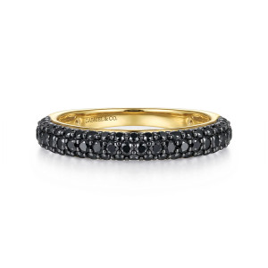 Gabriel & Co. AN16663Y4JBD 14 karat yellow gold Contemporary anniversary band, front view of a domed face of small black stones with larger ones down the middle
