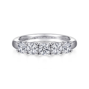 Gabriel & Co. AN16725W44JJ 14 karat white gold Contemporary anniversary band, front view of five round diamonds in a short line with round prong tips between them