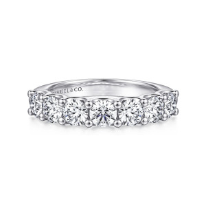 Gabriel & Co. AN16726W44JJ 14 karat white gold Contemporary anniversary band, front view of a level row of round stones with bead tipped prongs between them