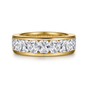 Gabriel & Co. AN16727Y43JJ 14 karat yellow gold Contemporary anniversary band, front view of clipped corner rectangular stones filling the channel between two smooth walls