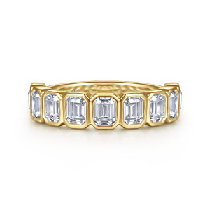 Gabriel & Co. AN16729Y43JJ 14 karat yellow gold Contemporary anniversary band, front view of rectangular stones in a row, each in a smooth bezel frame