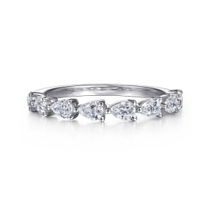 Gabriel & Co. AN16733W44JJ 14 karat white gold Contemporary anniversary band, front view of pear shaped stones, each with its own small prongs