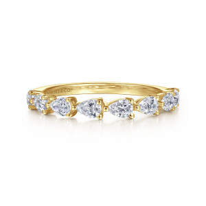 Gabriel & Co. AN16733Y44JJ 14 karat yellow gold Contemporary anniversary band, front view of pear shaped diamonds in separate ball tipped prongs along the top