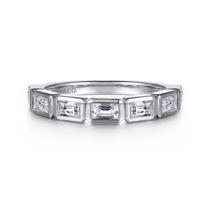 Gabriel & Co. AN16742W43JJ 14 karat white gold Art Deco anniversary band, front view of crosswise baguette diamonds in squared frames sitting side by side