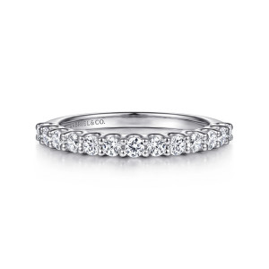 Gabriel & Co. AN16747W44JJ 14 karat white gold Contemporary wedding band, front view of a close row of round stones separated by small prongs on a plain hoop
