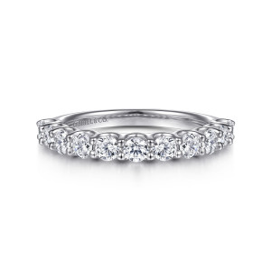 Gabriel & Co. AN16749W44JJ 14 karat white gold Contemporary wedding band, front view of a single row of round stones with tall prongs standing between them