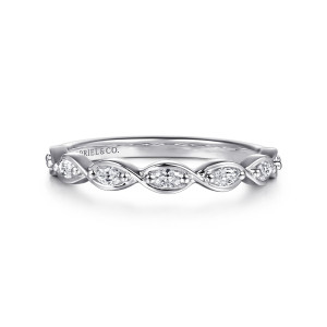 Gabriel & Co. AN16758W43JJ 14 karat white gold Contemporary anniversary band, front view of marquise diamonds with a fine metal ribbon crossing between each stone