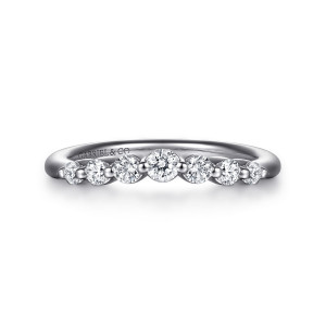 Gabriel & Co. AN16759W44JJ 14 karat white gold Contemporary anniversary band, front view of round stones stepping down in size from the middle with ball prongs between them