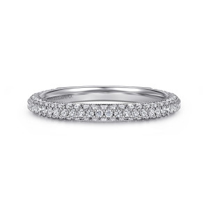 Gabriel & Co. AN16760W44JJ 14 karat white gold Victorian wedding band, front view of a domed top packed with tiny round stones and a beaded inner edge