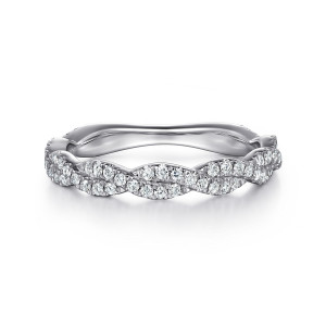 Gabriel & Co. AN16761W44JJ 14 karat white gold Contemporary anniversary band, front view of two strands crossing in a rope twist, with a wavy upper edge