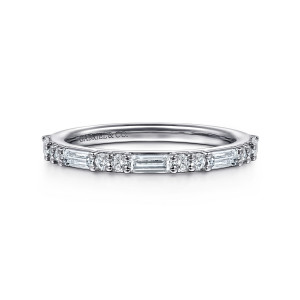 Gabriel & Co. AN16762W44JJ 14 karat white gold Art Deco anniversary band, front view of long baguettes separated by two small round stones set side by side