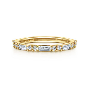 Gabriel & Co. AN16762Y44JJ 14 karat yellow gold Art Deco anniversary band, front view of a long baguette flanked by twin round diamonds, each stone in small prongs