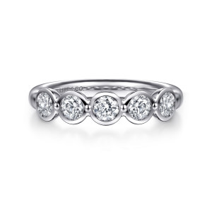 Gabriel & Co. AN16782W44JJ 14 karat white gold Contemporary anniversary band, front view of round diamonds in separate rounded bezels joined by tiny beads along the top