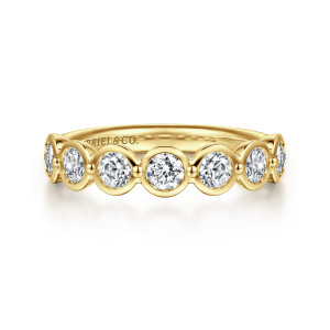Gabriel & Co. AN16783Y44JJ 14 karat yellow gold Contemporary anniversary band, front view of round stones in separate rims linked by tiny metal beads along the top