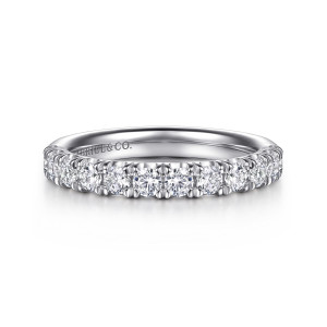 Gabriel & Co. AN16788W44JJ 14 karat white gold Contemporary wedding band, front view of one even line of round diamonds between small shared prongs
