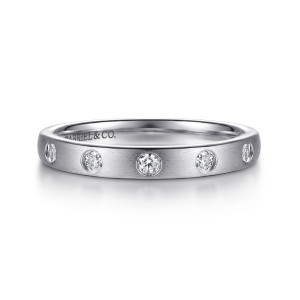 Gabriel & Co. AN16793W44JJ 14 karat white gold Contemporary anniversary band, front view of a flat satin face with evenly spaced round diamonds in thin rims