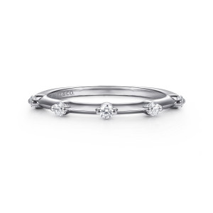 Gabriel & Co. AN16800W44JJ 14 karat white gold Contemporary anniversary band, front view of single round diamonds spaced apart with flat plain bars of metal between them