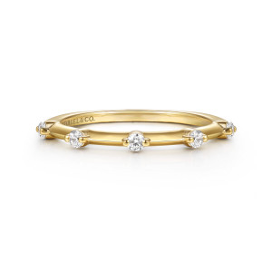 Gabriel & Co. AN16800Y44JJ 14 karat yellow gold Contemporary anniversary band, front view of spaced round diamonds with flat plain metal stretches between them