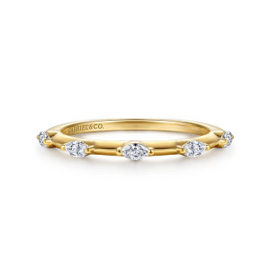 Gabriel & Co. AN16801Y43JJ 14 karat yellow gold Contemporary anniversary band, front view of marquise diamonds spaced along the hoop with plain bars of the band between them